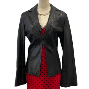 ELEMENTS BY VAKKO Black Leather Lined Blazer w/ Flare Sleeves & Stitch Work Sz L